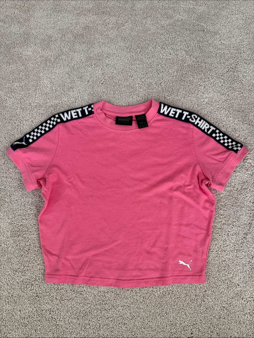 Fenty x Puma Bubblegum Pink Crop Tee with Black Checker Shoulder Tape